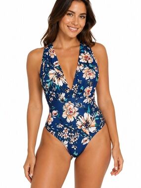 ModCloth “Lauren” Floral One Piece Swimsuit Criss Cross Back Small